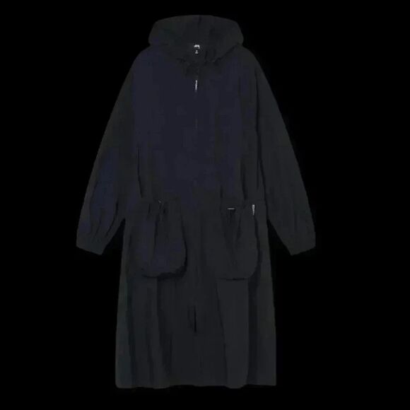 STUSSY Y2K 90s Vtg Retro Woman’s Roomy Black Long-Sleeve Hood Dress Jacket Sz S - Picture 9 of 11